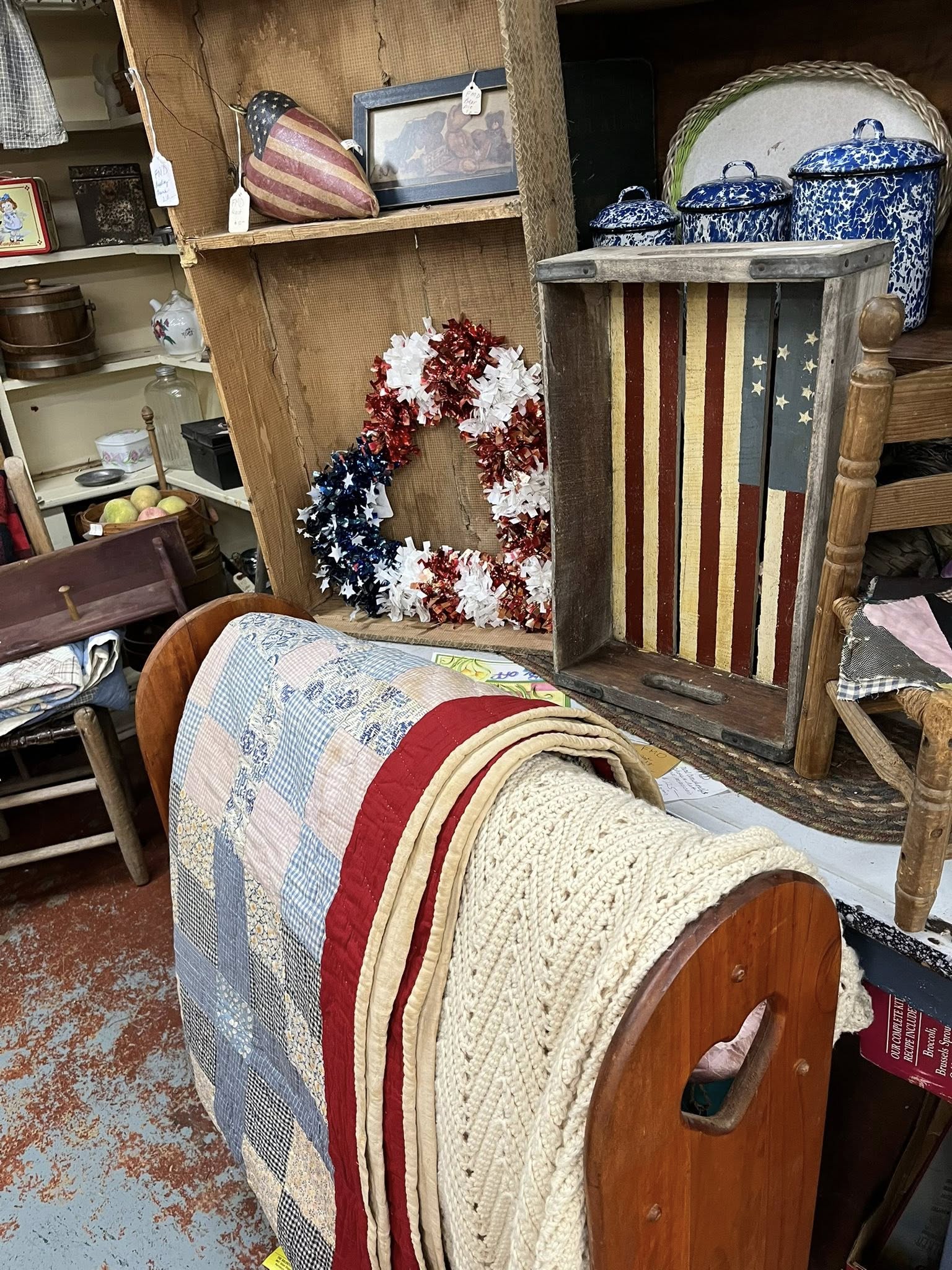 Vintage crates and collectibles display